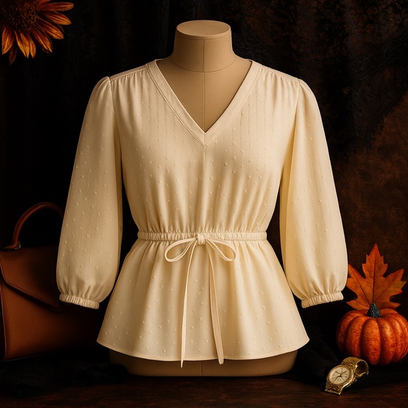 Cream Textured Peplum Blouse | Waist-Tie V-Neck | Fall Chic Essential - Picture 1 of 7